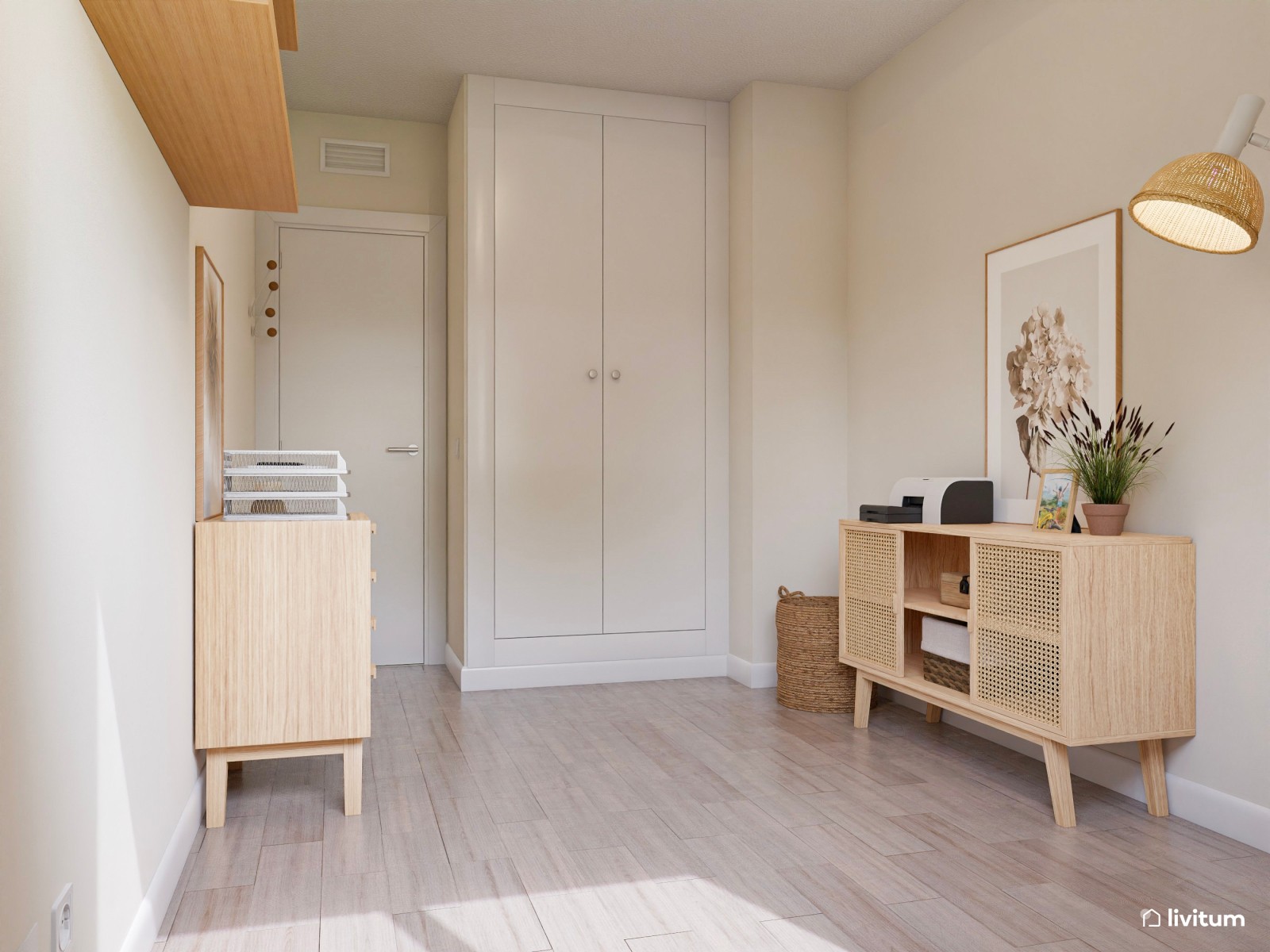 Estudio en blanco y madera con cómodo rincón de lectura