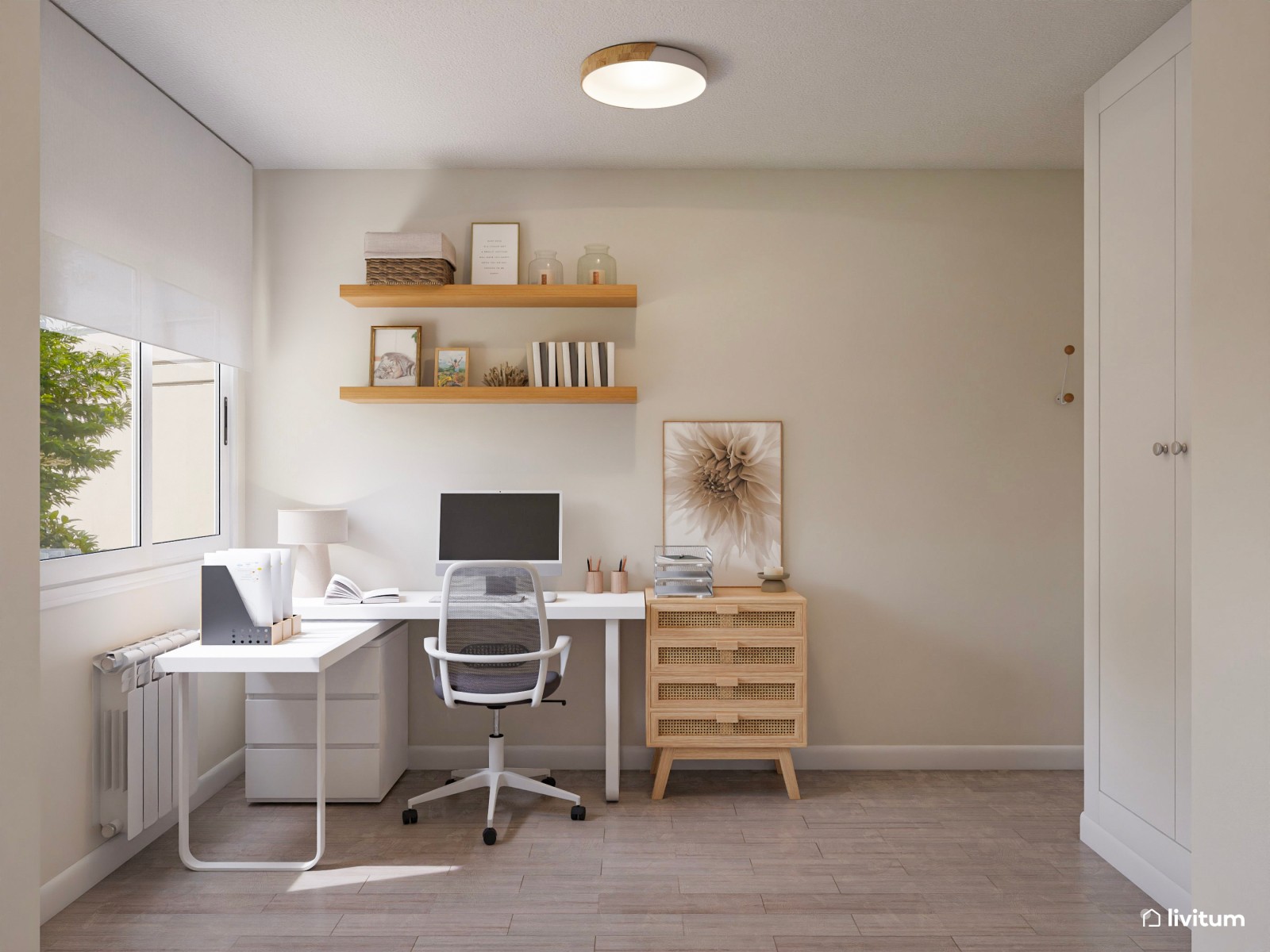 Estudio en blanco y madera con cómodo rincón de lectura