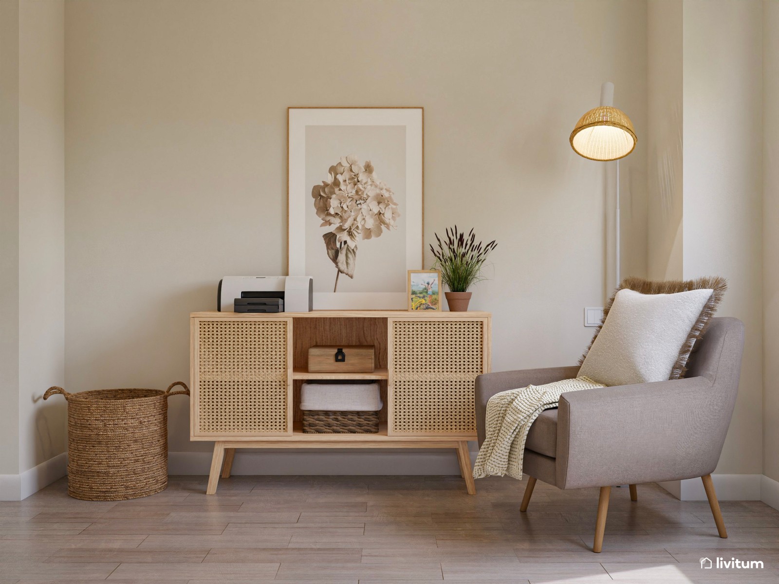 Estudio en blanco y madera con cómodo rincón de lectura