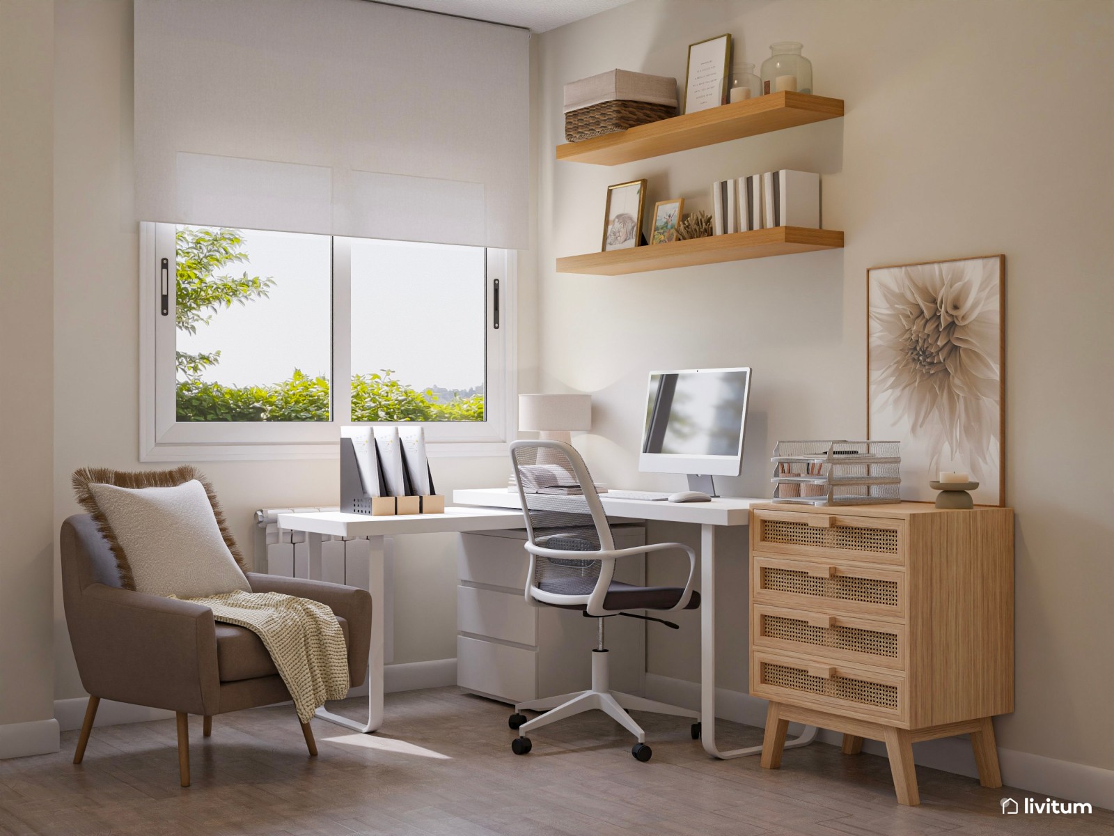 Estudio en blanco y madera con cómodo rincón de lectura