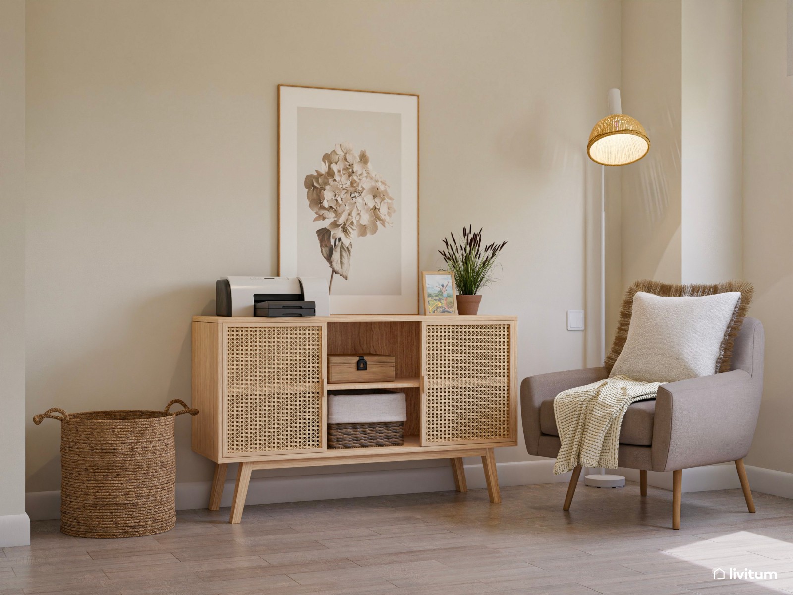 Estudio en blanco y madera con cómodo rincón de lectura