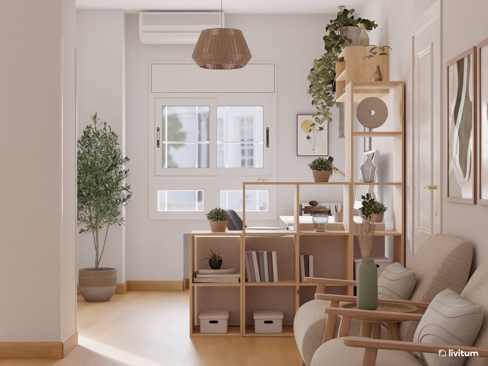 Estudio rústico en madera con un toque natural de plantas