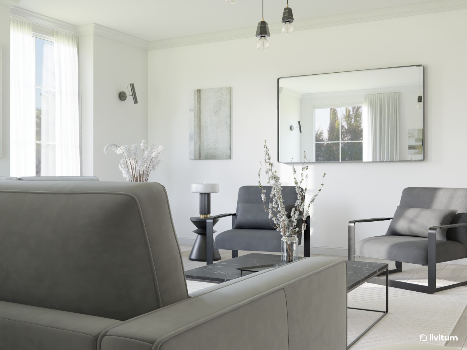Gran salón moderno y sofisticado en gris 