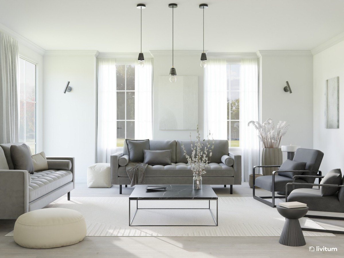 Gran salón moderno y sofisticado en gris