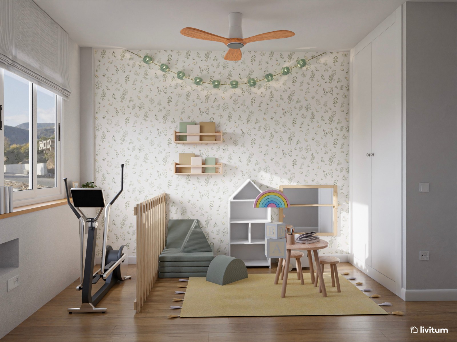 Habitación de juego para niños con zona de ejercicio