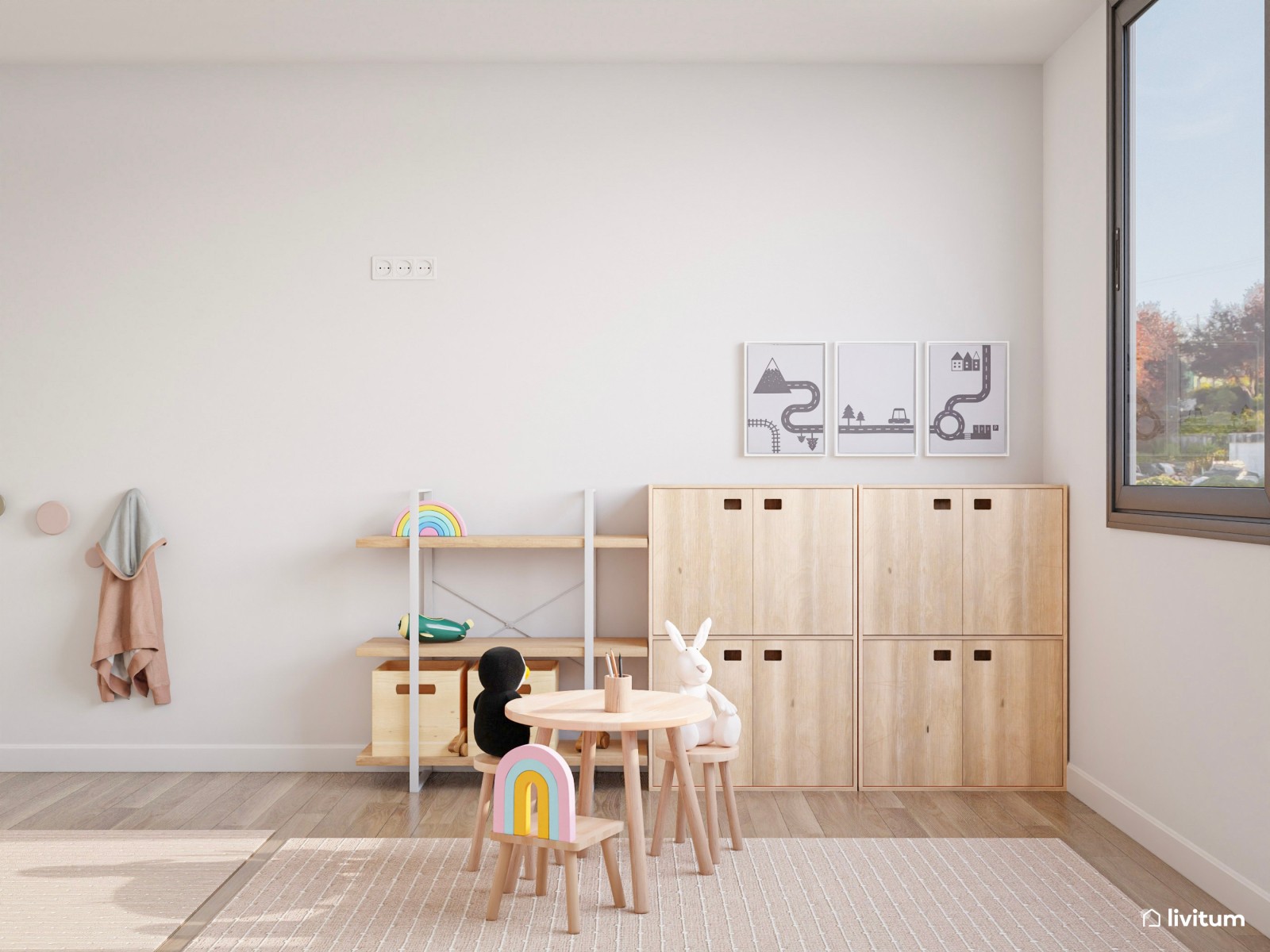 Habitación de juegos infantil con doble escritorio