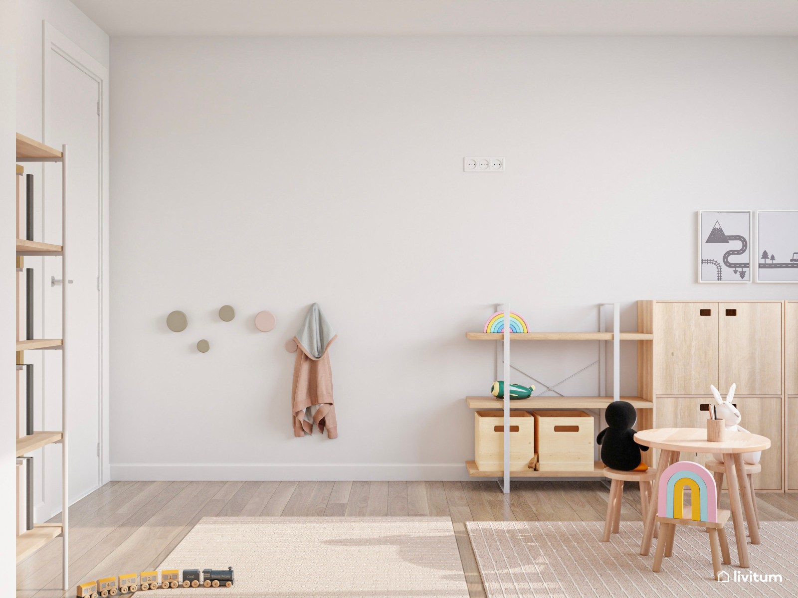 Habitación de juegos infantil con doble escritorio