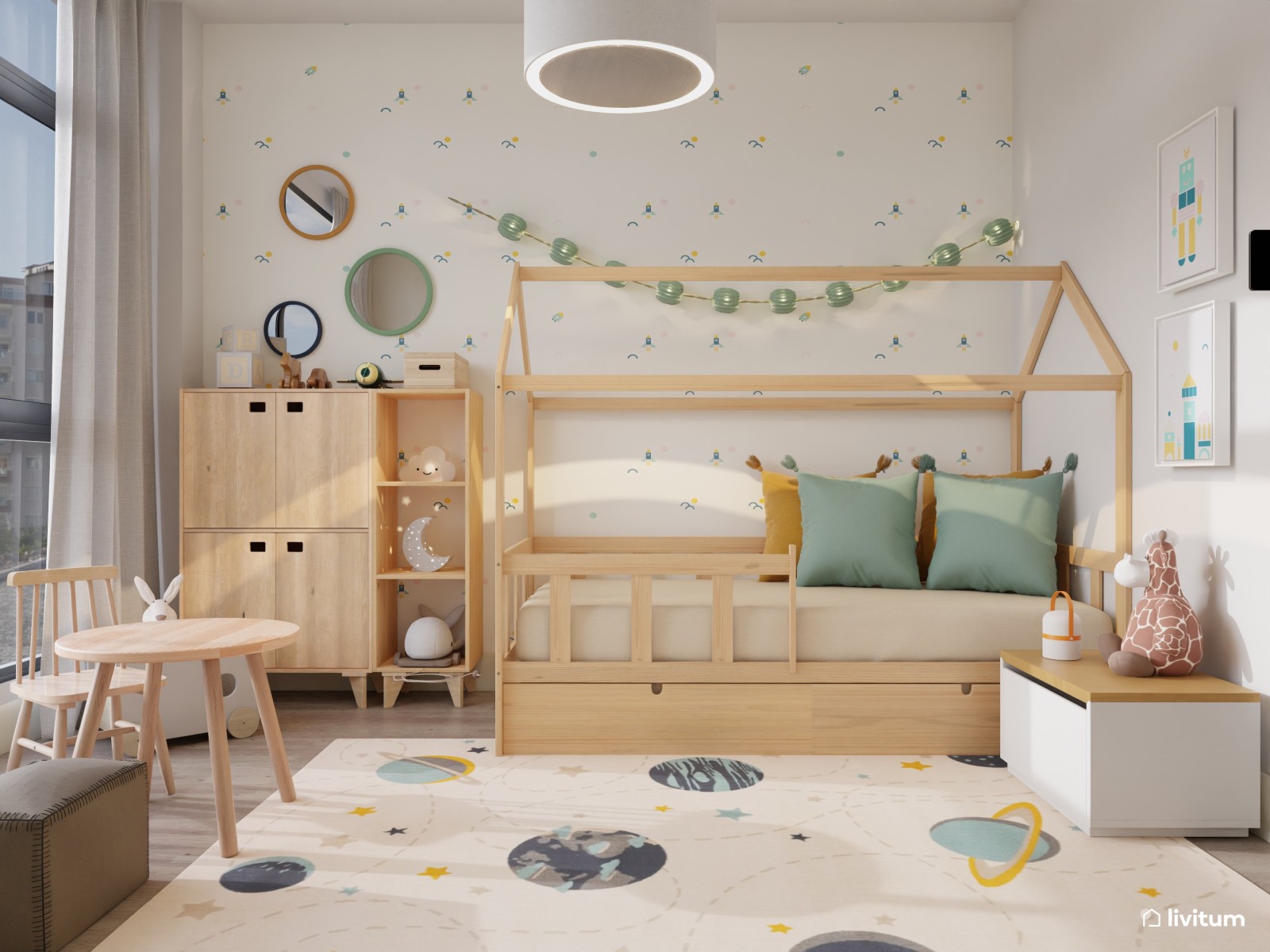 Habitación infantil con cama casita de madera 