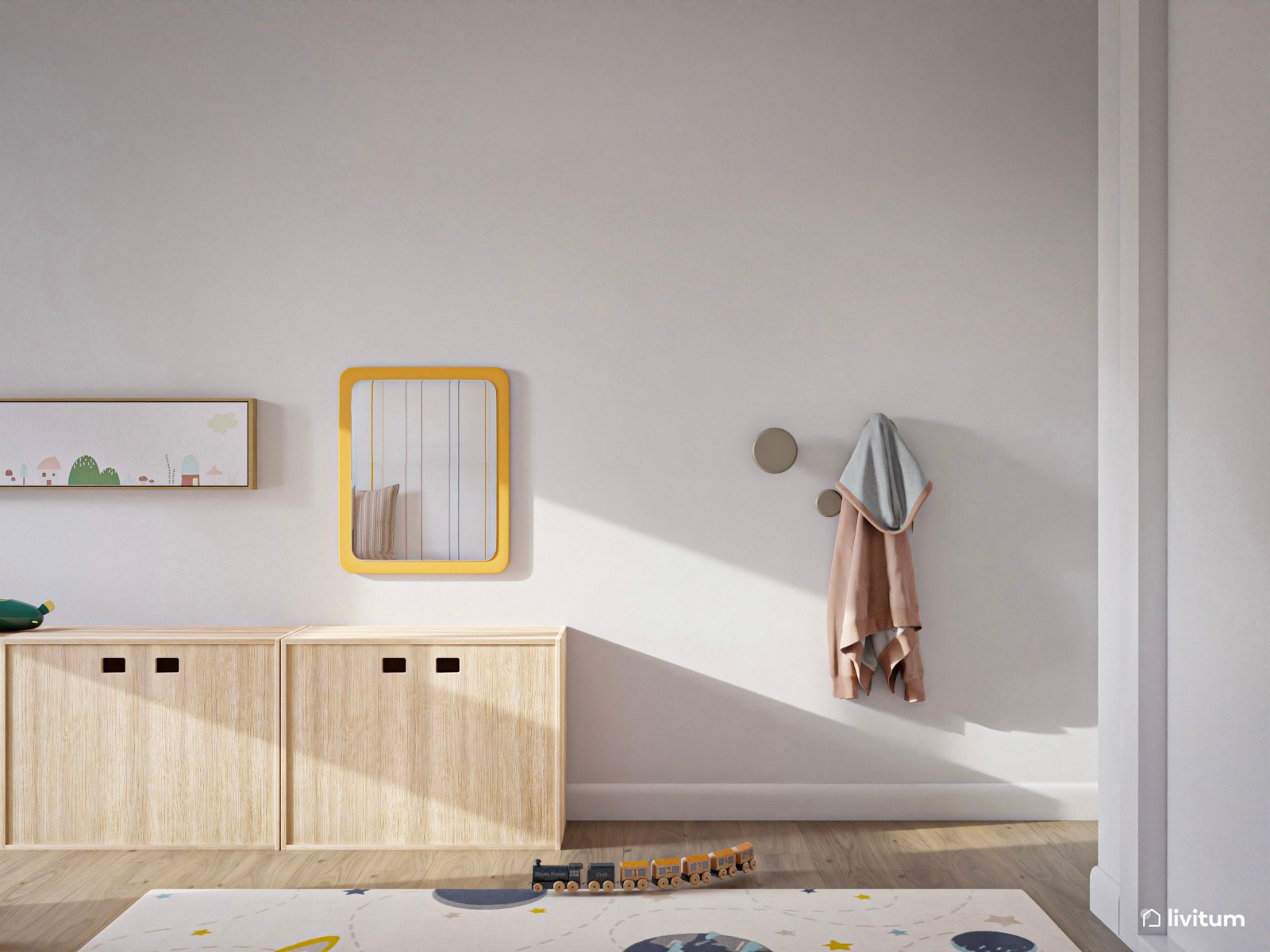 Habitación infantil con cama de madera y cajones inferiores 