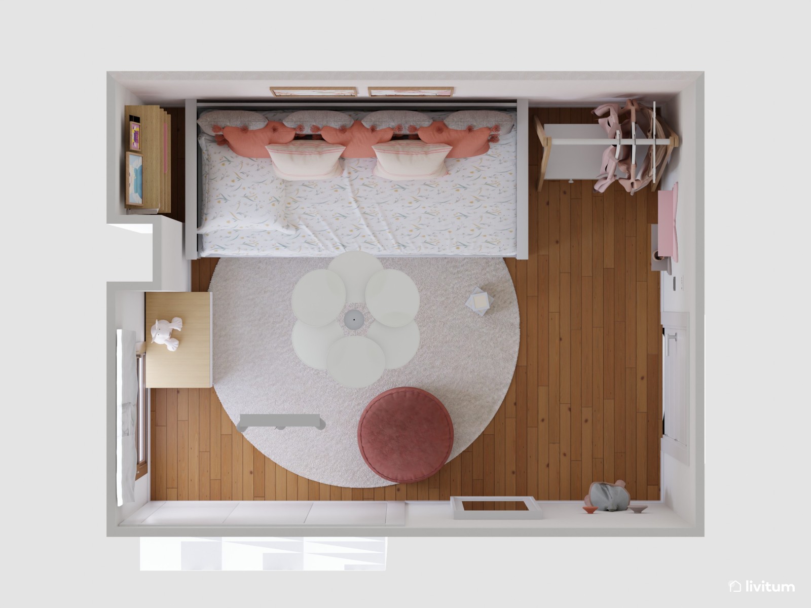 Habitación infantil con cama nido en rosa y blanco 