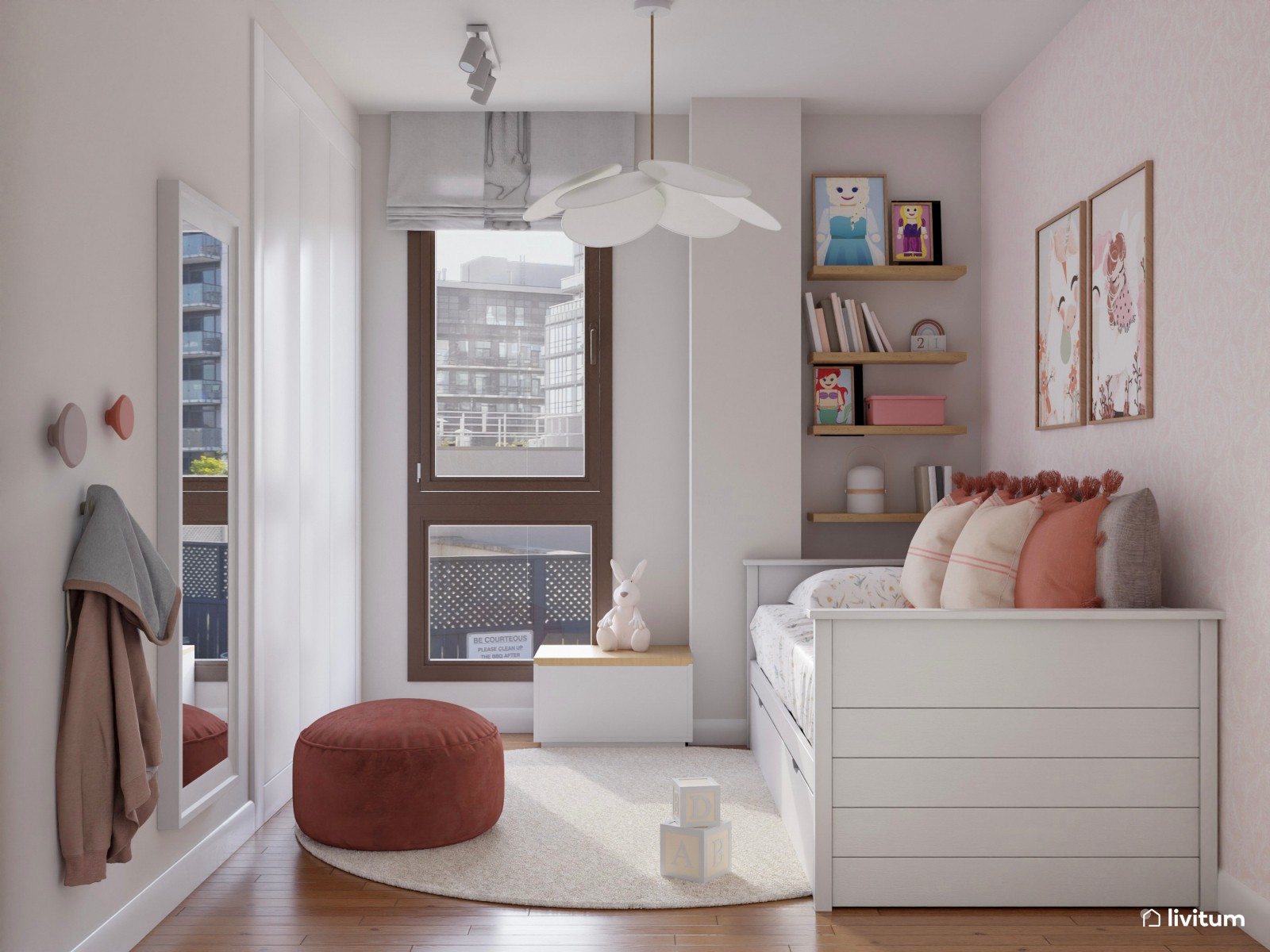 Habitación infantil con cama nido en rosa y blanco 