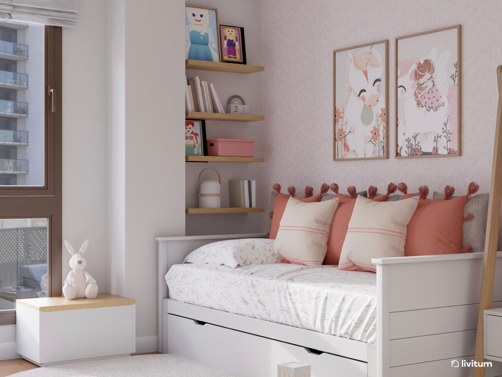 Habitación infantil con cama nido en rosa y blanco 