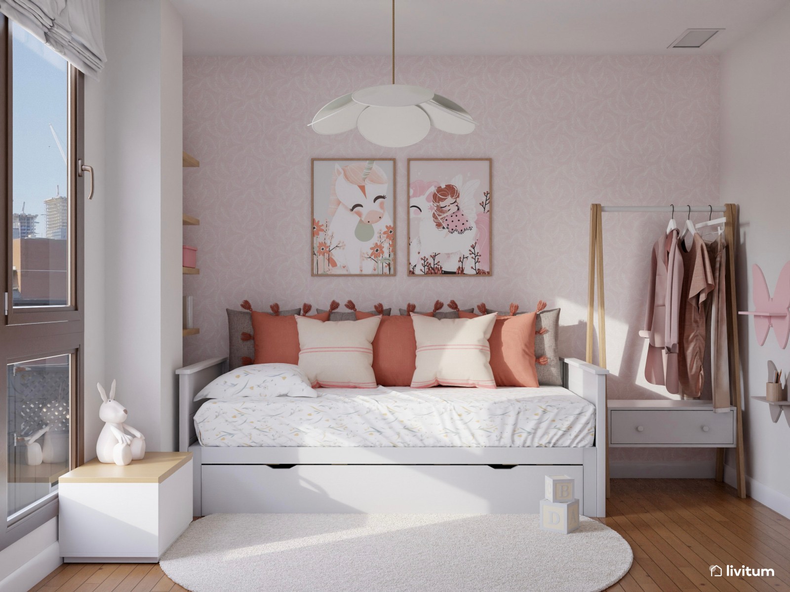 Habitación infantil con cama nido en rosa y blanco 