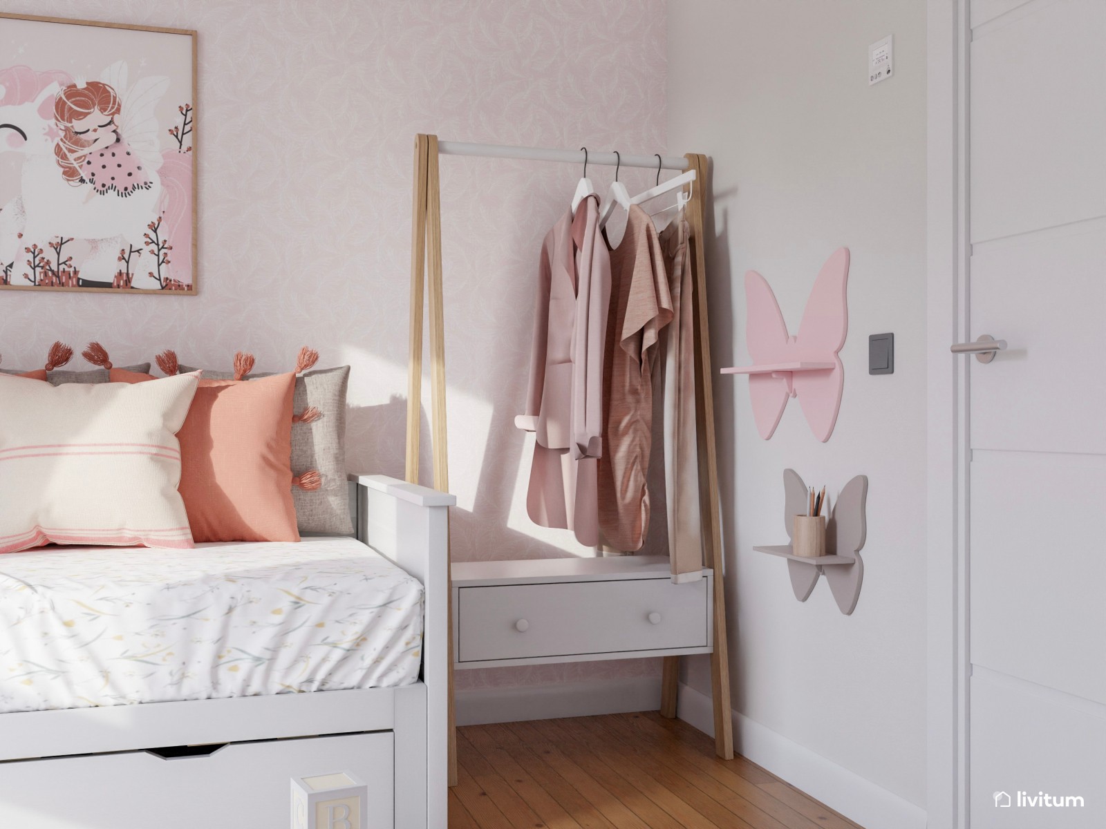 Habitación infantil con cama nido en rosa y blanco 