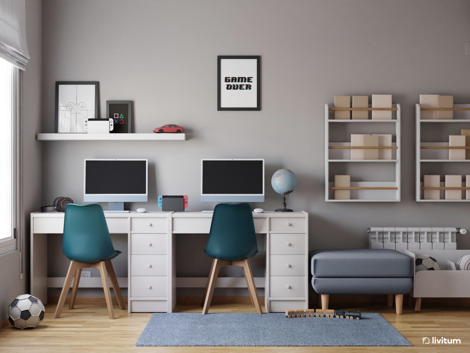 Habitación infantil con litera en blanco y azul