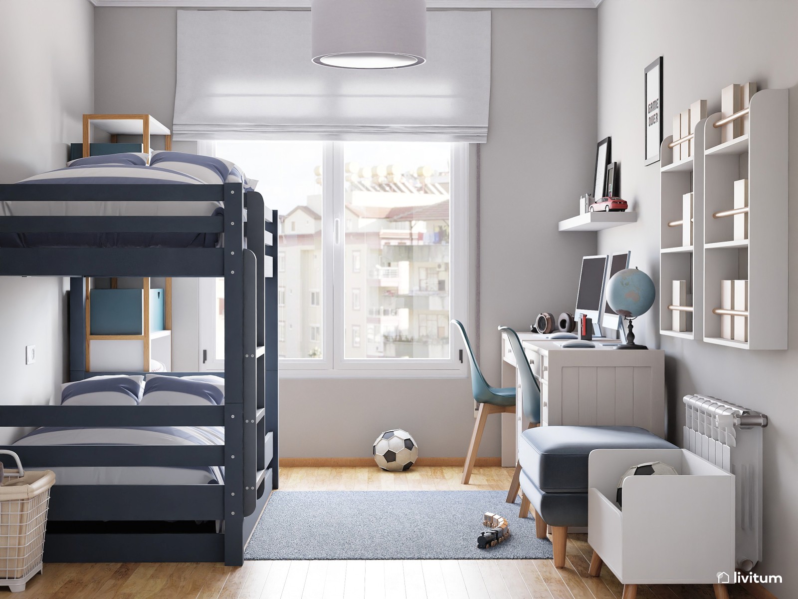 Habitación infantil con litera en blanco y azul