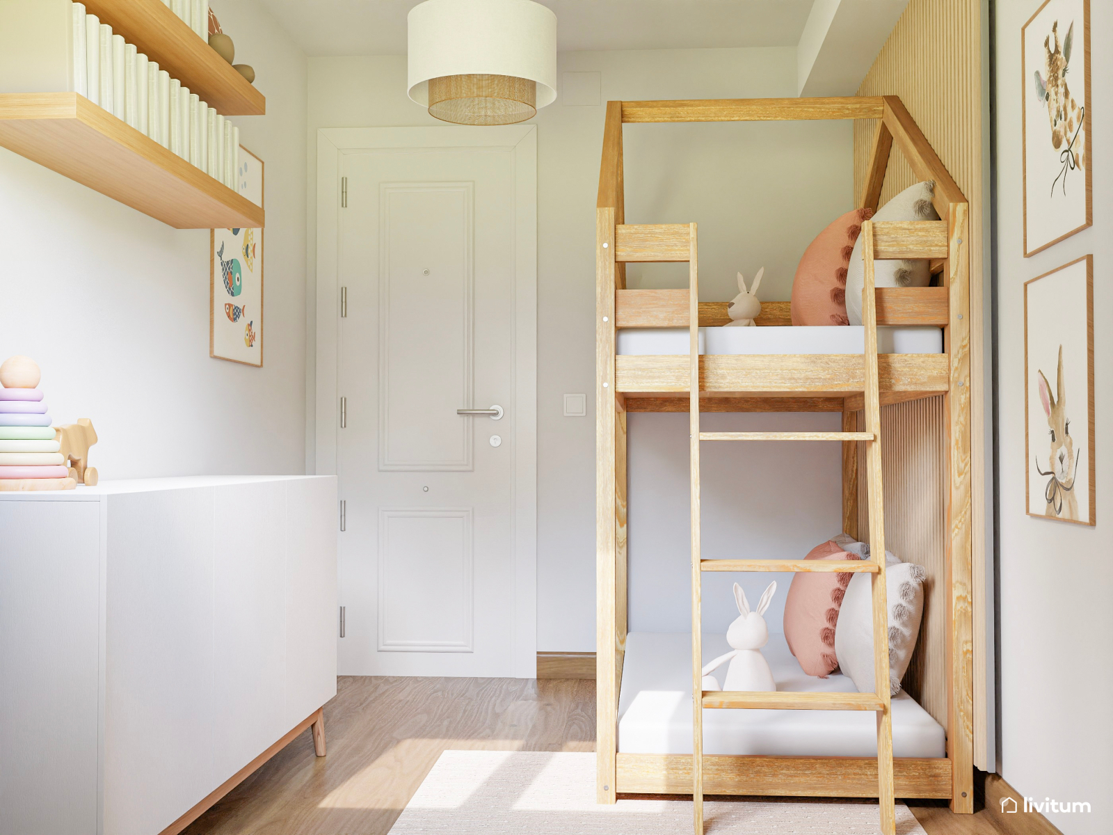 Habitación infantil con litera en forma de casita y madera 