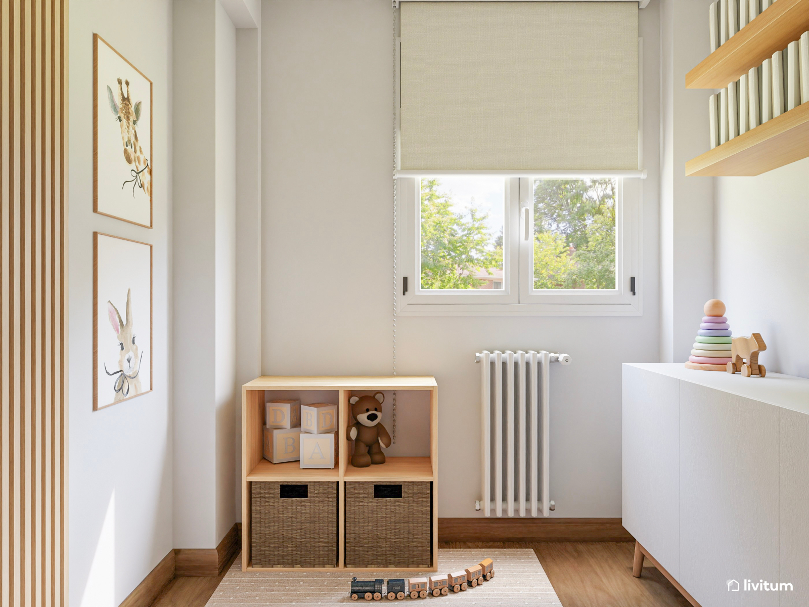 Habitación infantil con litera en forma de casita y madera 