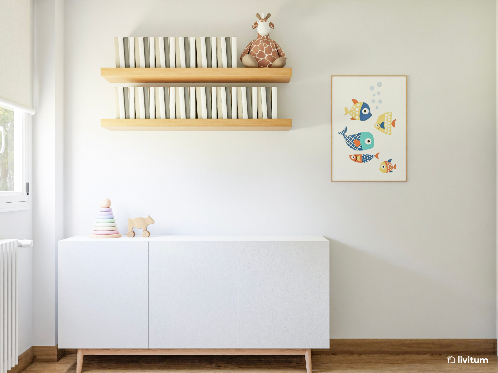 Habitación infantil con litera en forma de casita y madera 