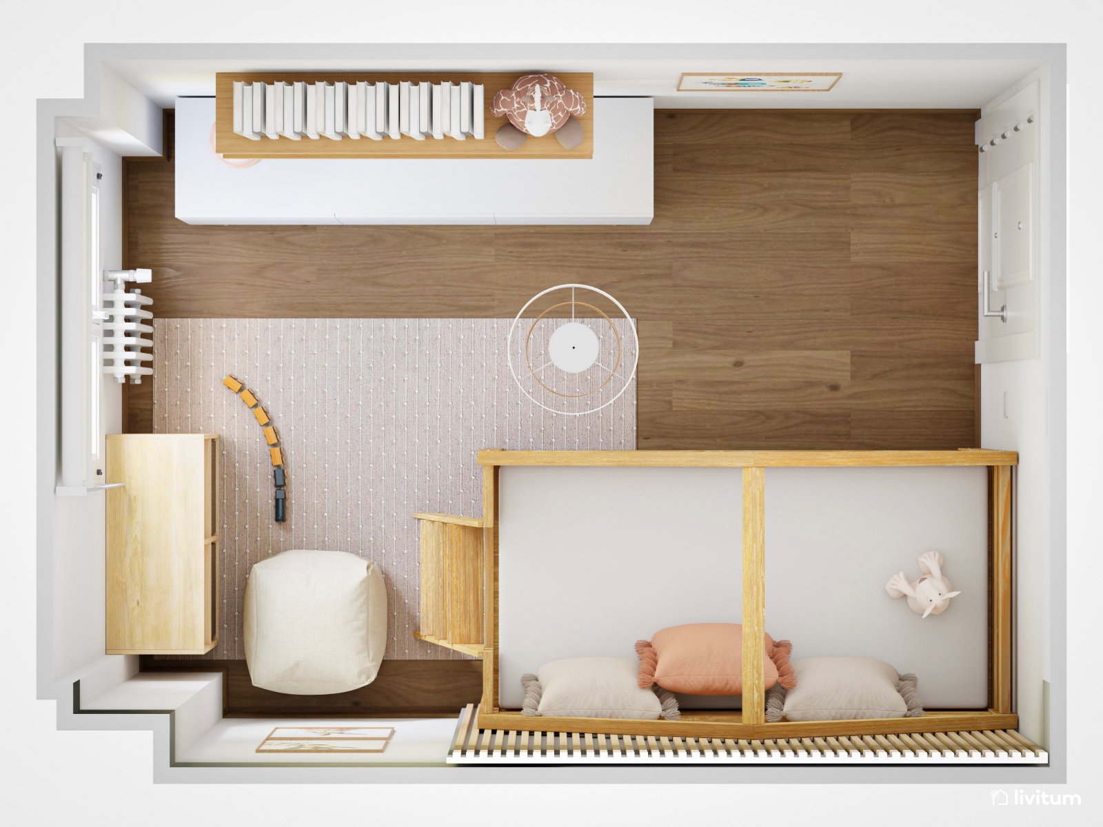 Habitación infantil con litera en forma de casita y madera 