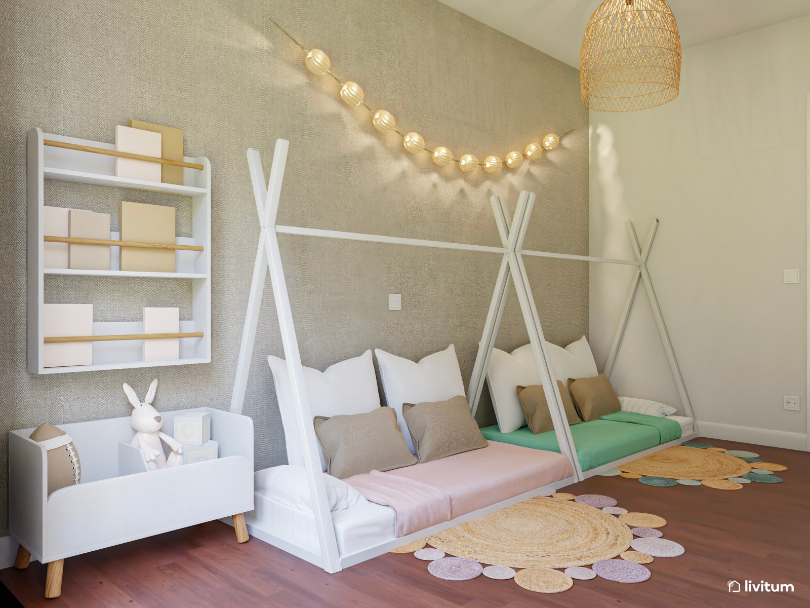 Habitación infantil doble con camas tipi y zona de juego