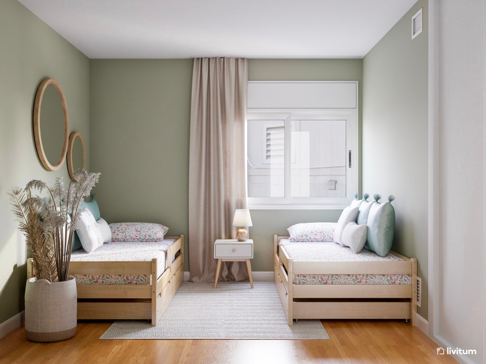 Habitación infantil doble en tono verde pastel suave 