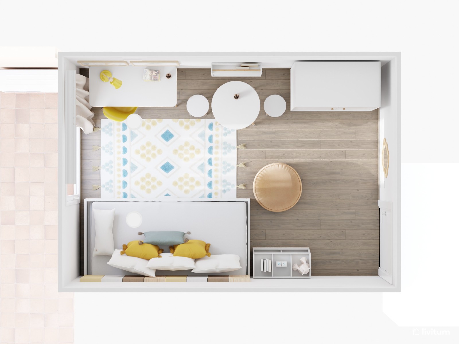 Habitación infantil en blanco y amarillo 