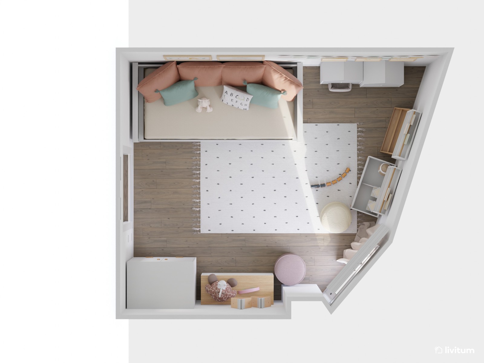 Habitación infantil en blanco y rosa con cama nido 