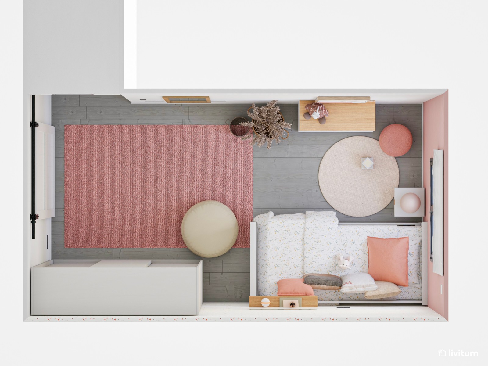 Habitación infantil en rosa y blanco con cama nido 