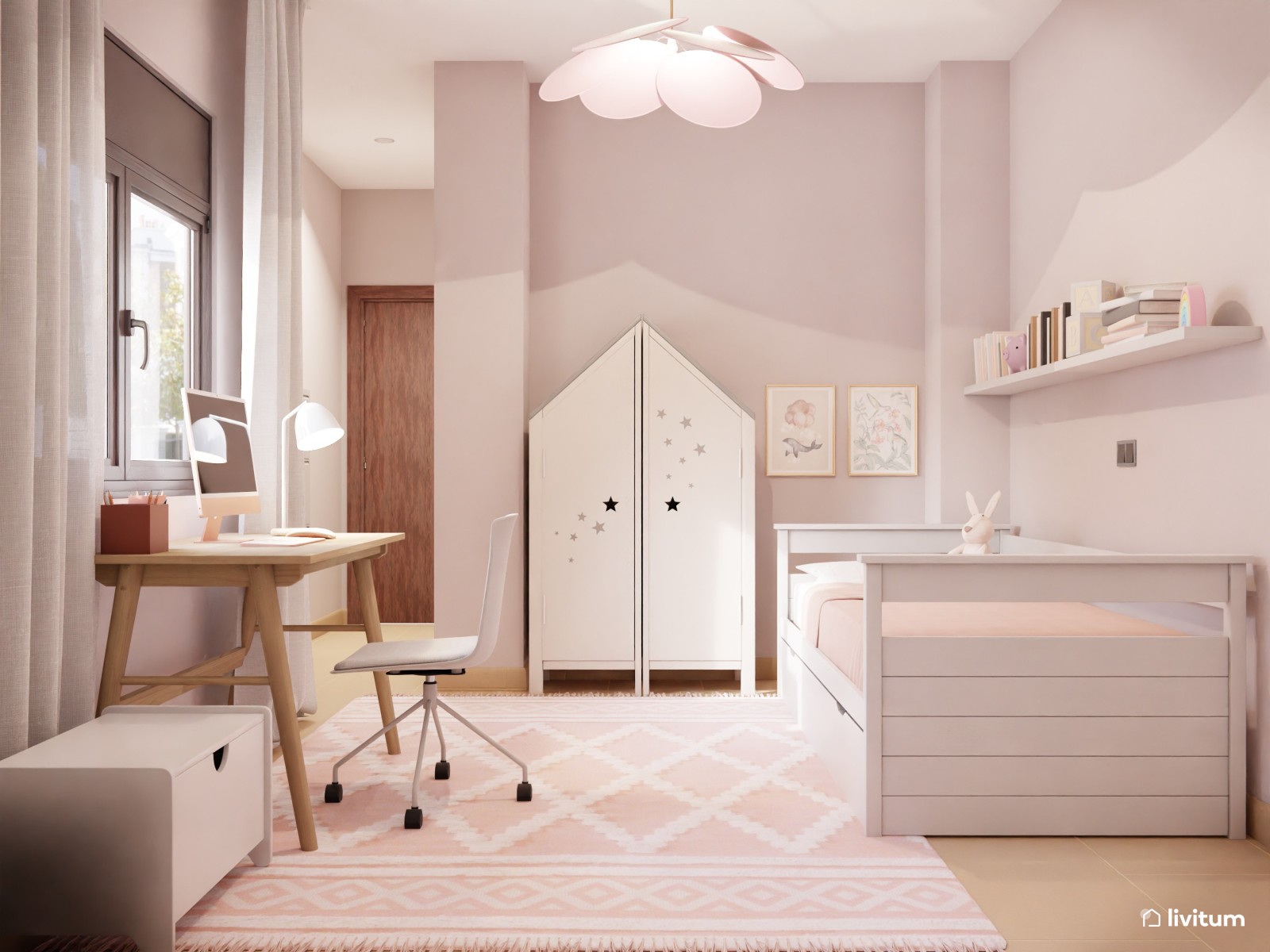 Habitación infantil para niñas de estilo clásico en colores rosa claro y  muebles blancos. representación 3d.