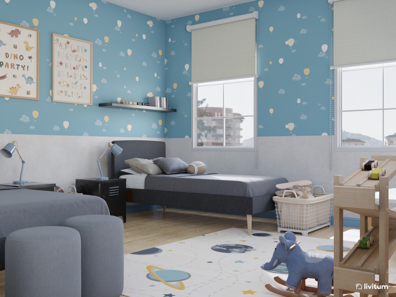 Habitación infantil grande de color azul 