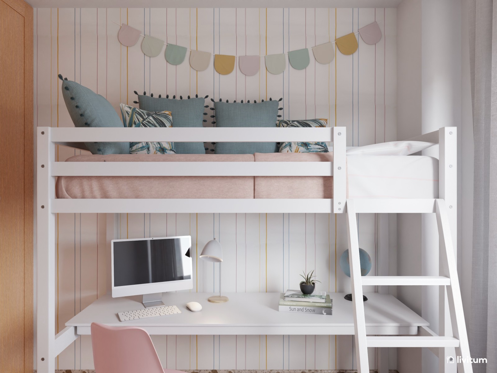 Habitación infantil nórdica con litera con escritorio