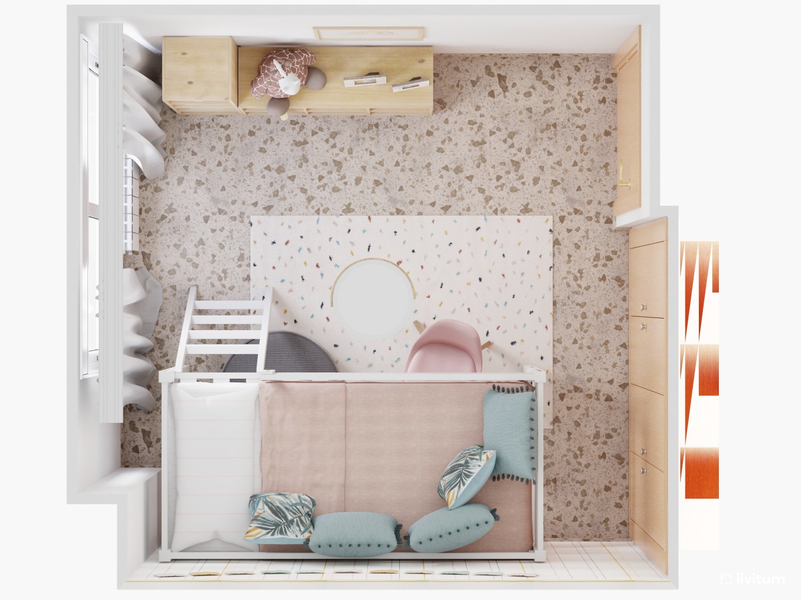 Habitación infantil nórdica con litera con escritorio