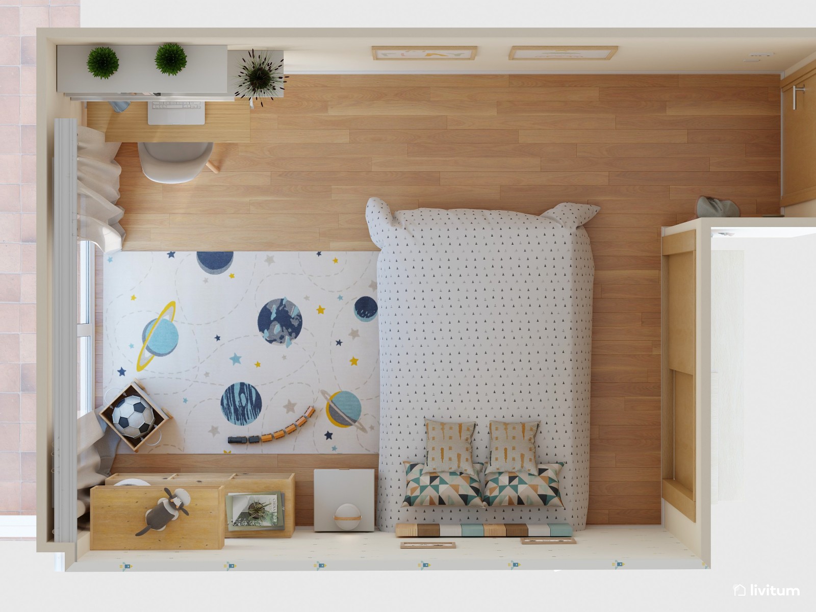 Habitación infantil nórdica con un maravilloso cabecero multicolor 