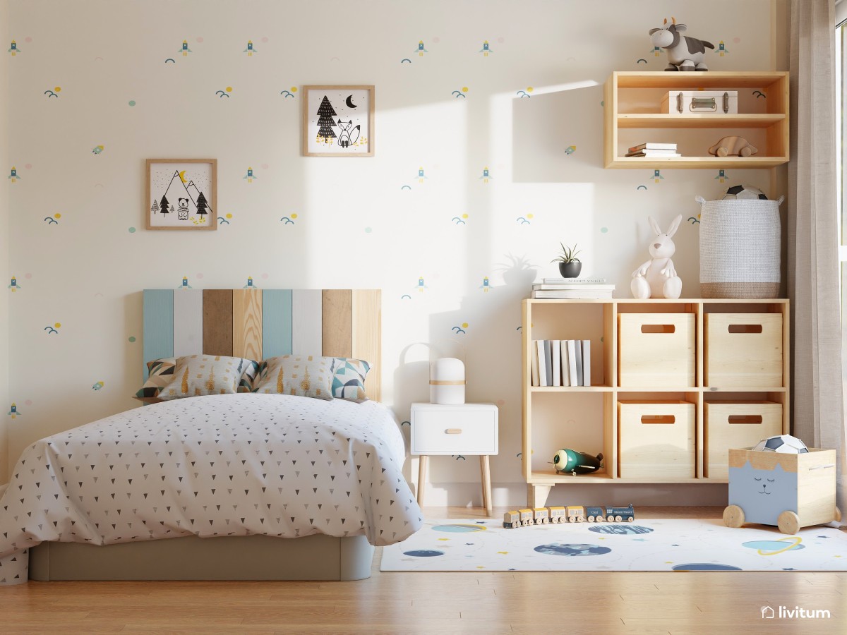 Habitación infantil nórdica con un maravilloso cabecero multicolor