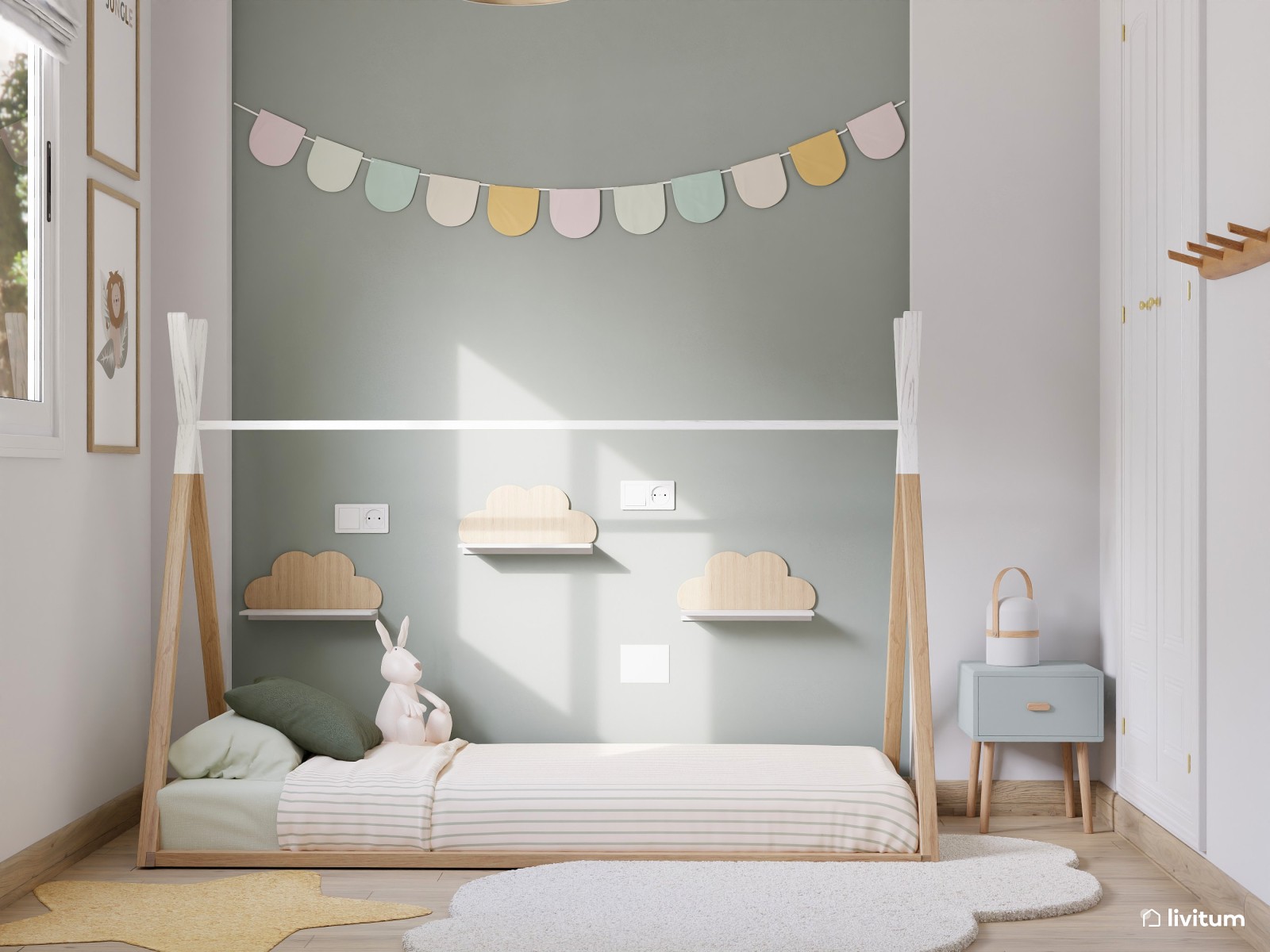 Habitación infantil nórdica en verde y blanco 