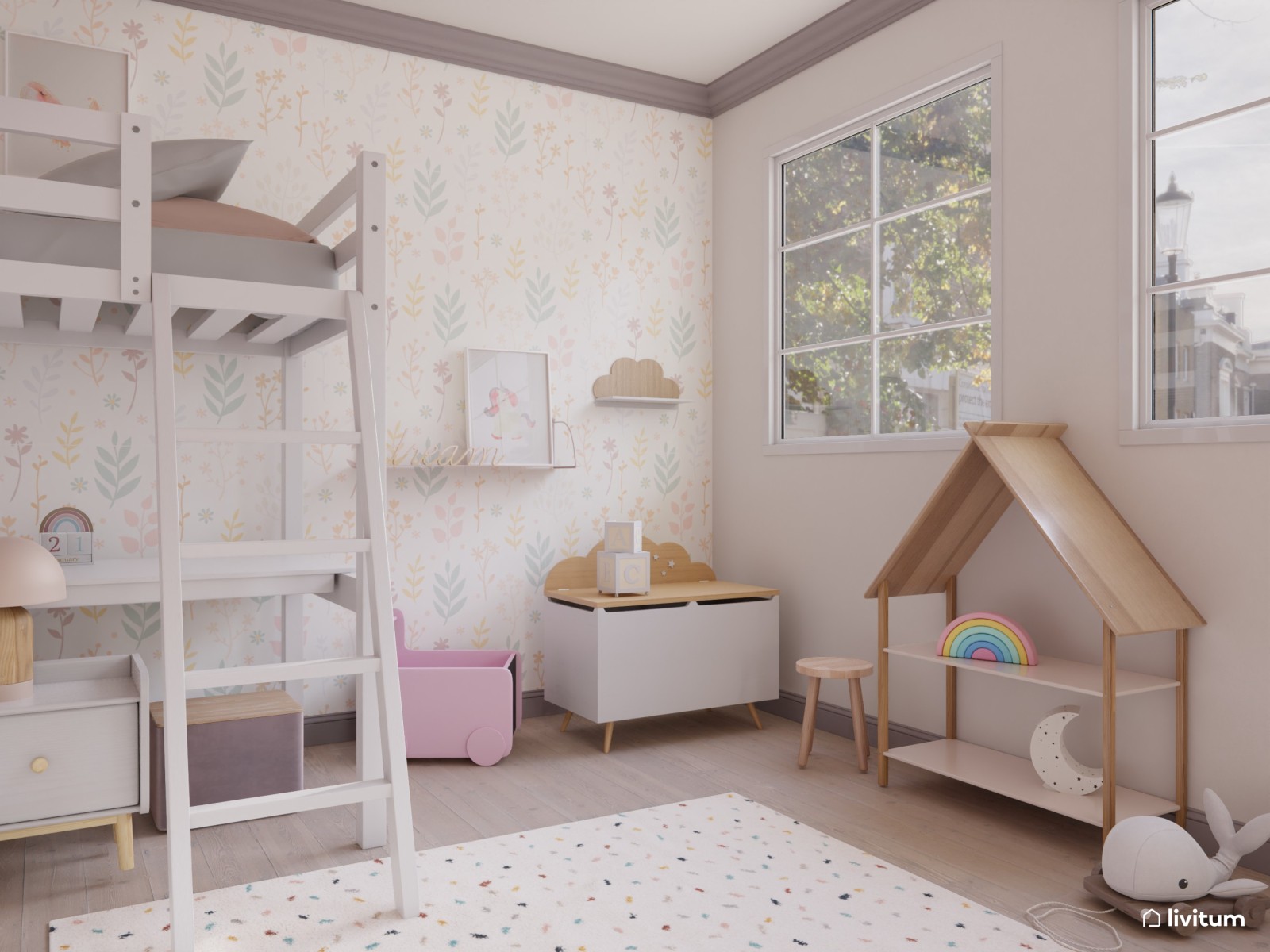 Habitación infantil para dos en colores pastel 