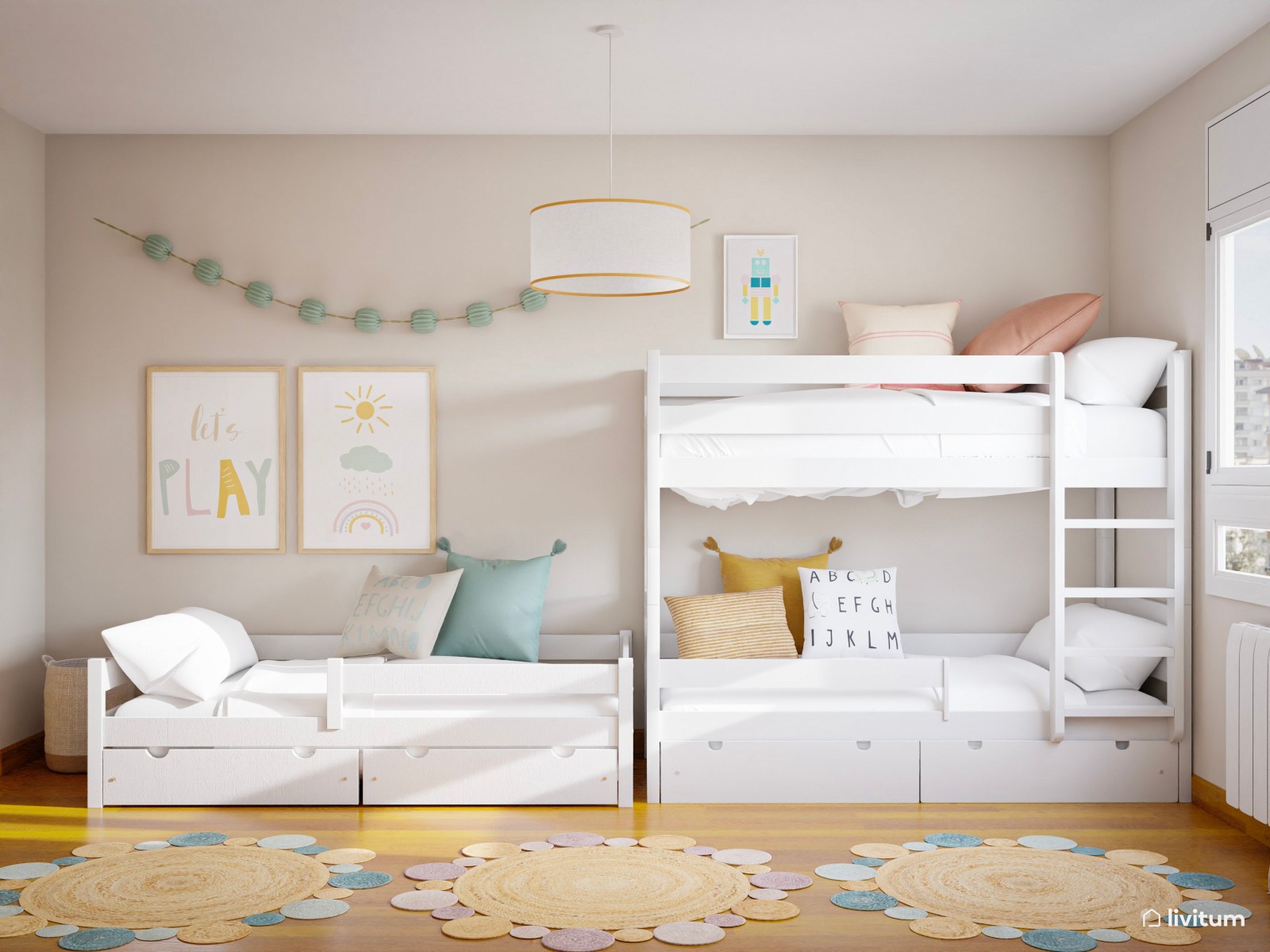 Habitación infantil para tres en blanco y pinceladas de color 