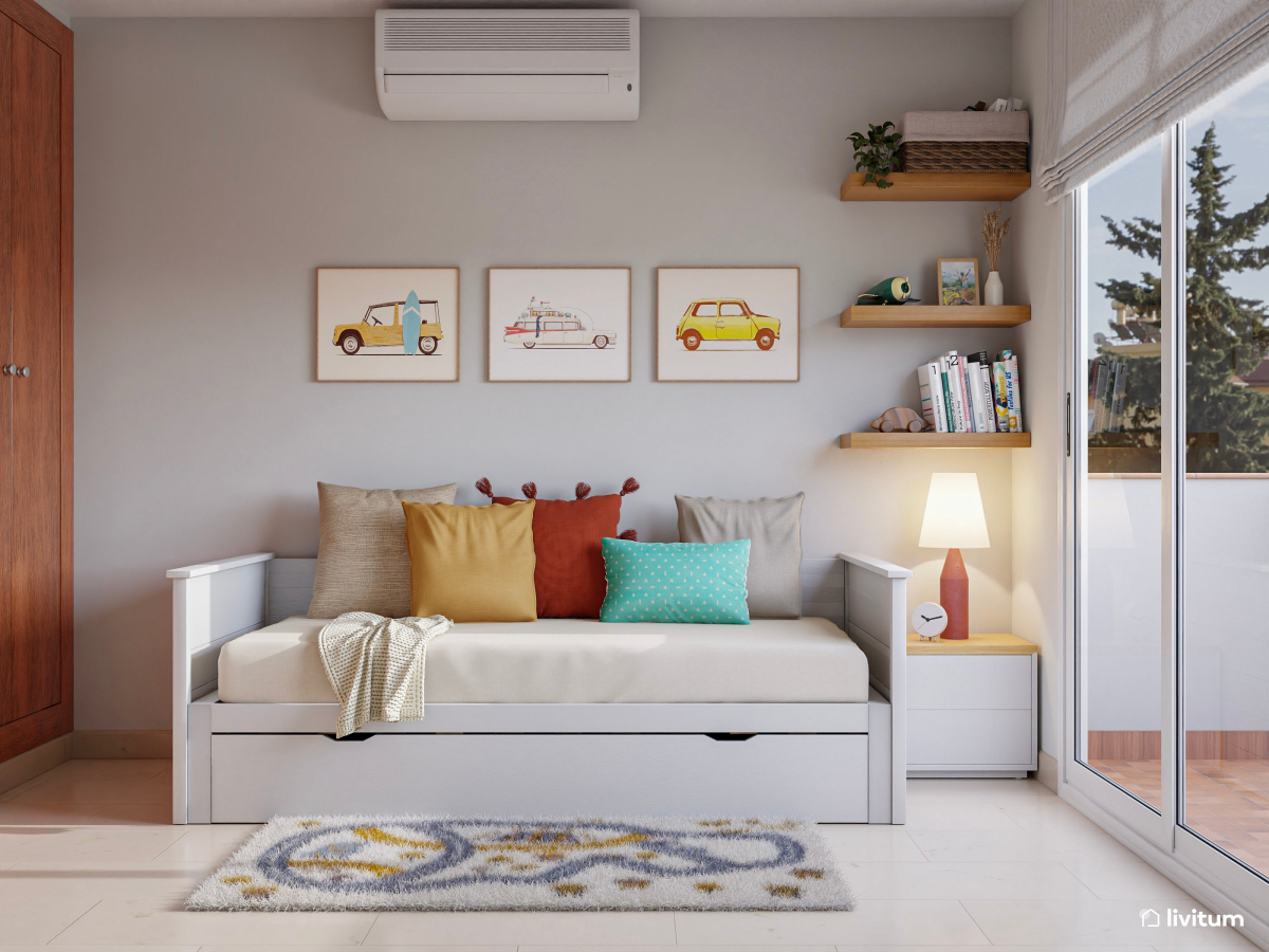 Habitación juvenil con cama nido y escritorio