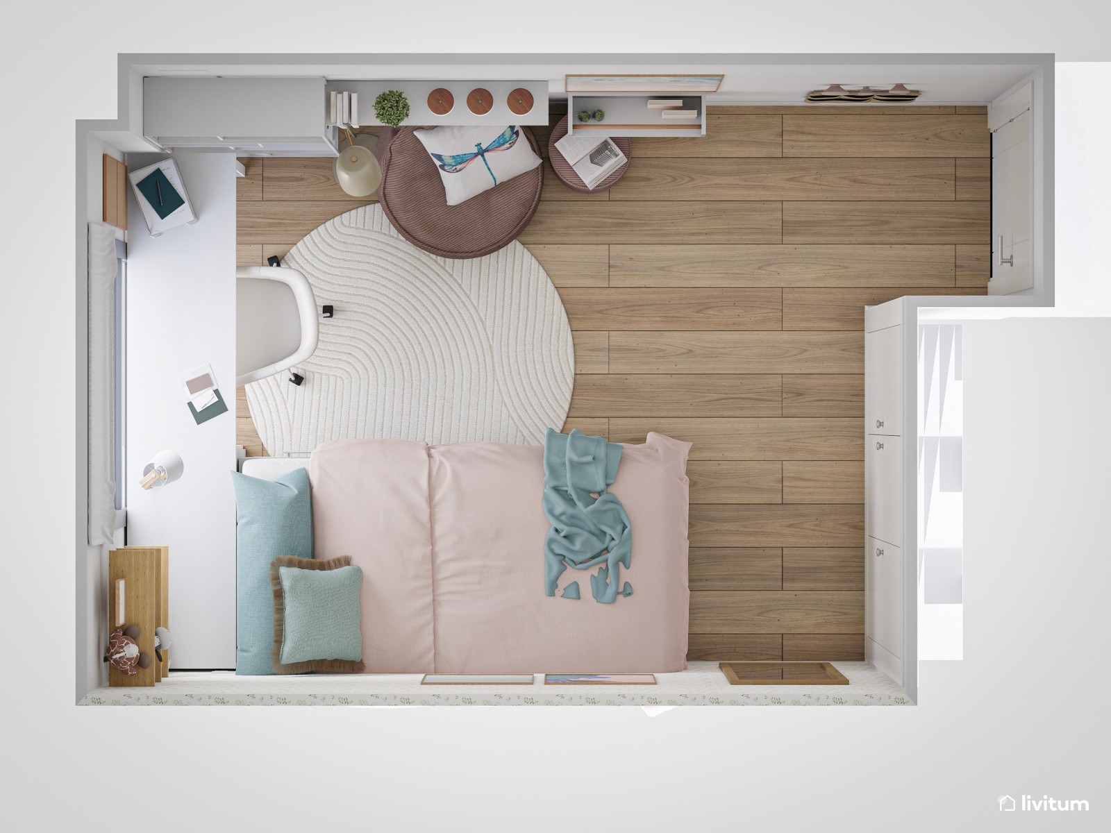 Habitación juvenil con cama nido y muebles modulares 