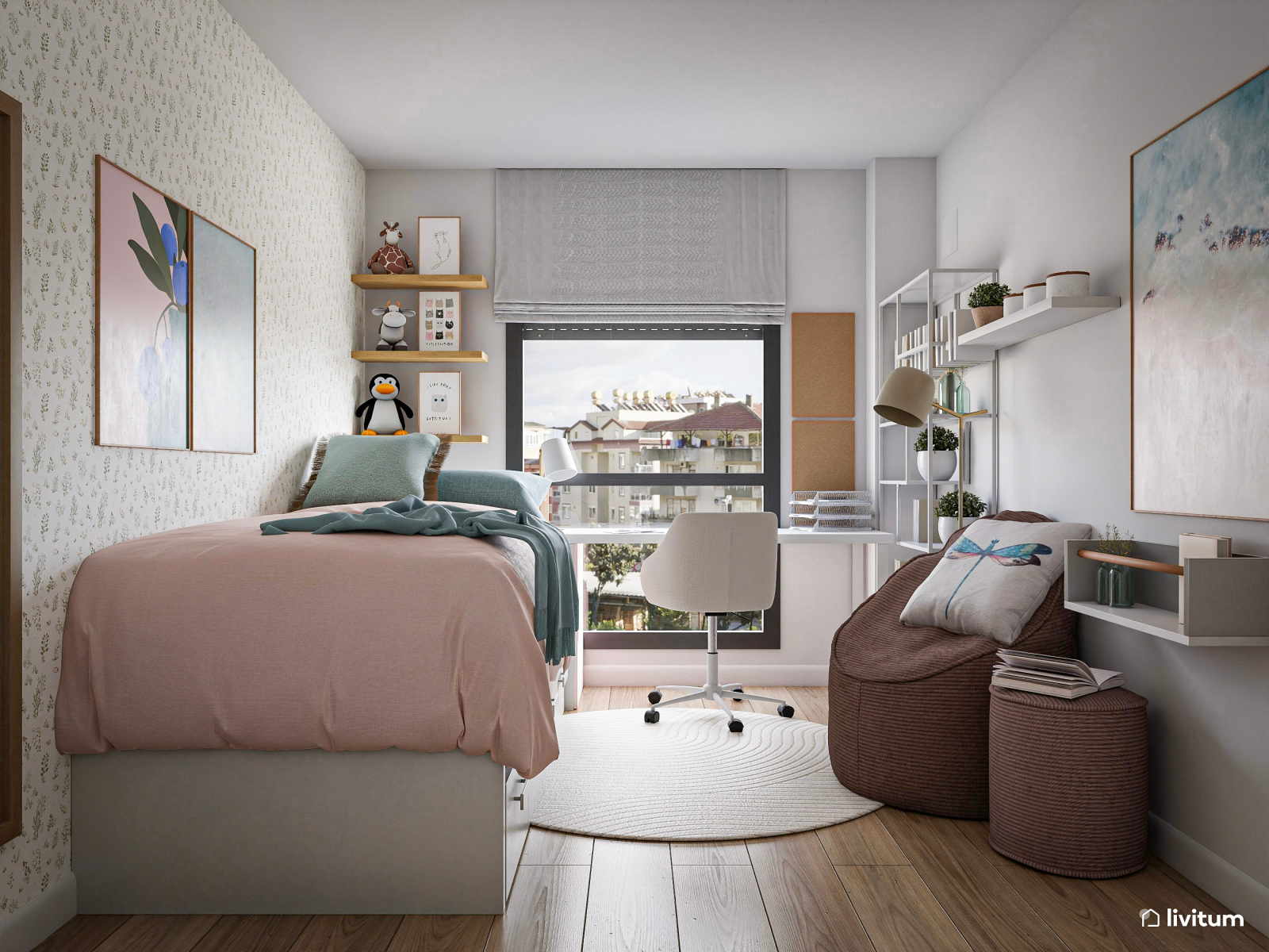 Habitación juvenil con cama nido y muebles modulares 