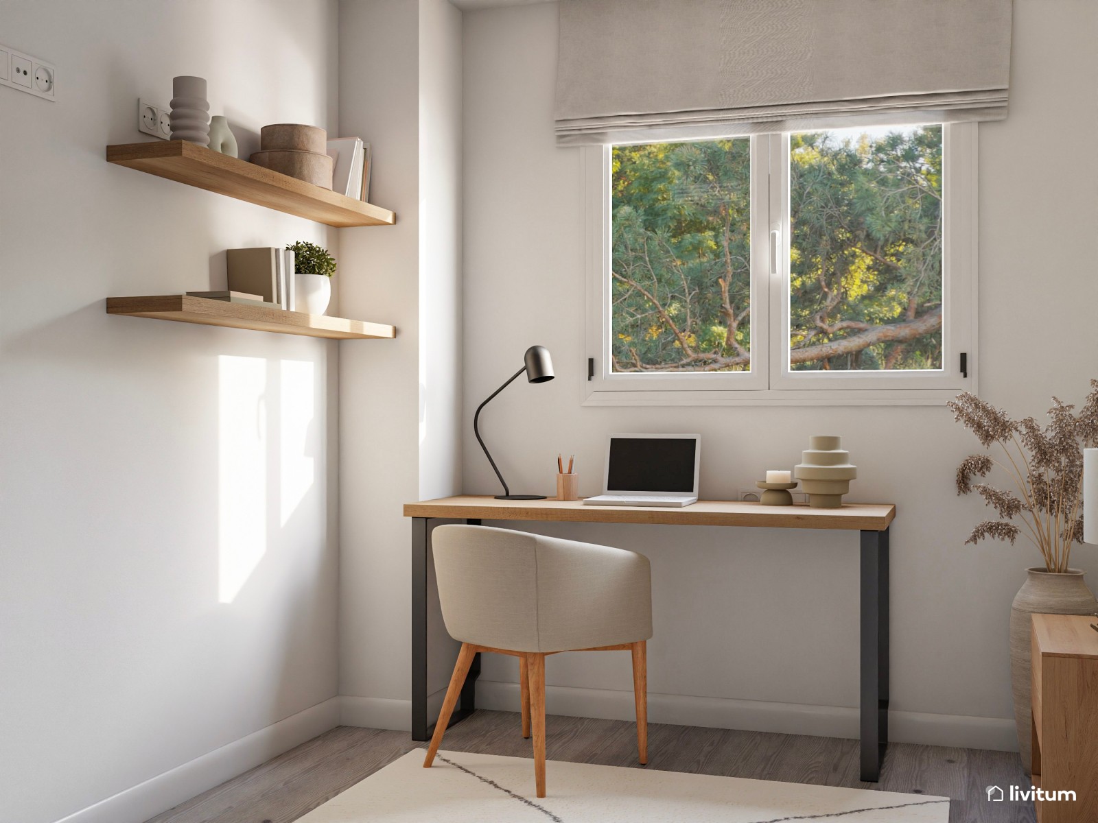 Habitación juvenil con escritorio moderna y minimalista