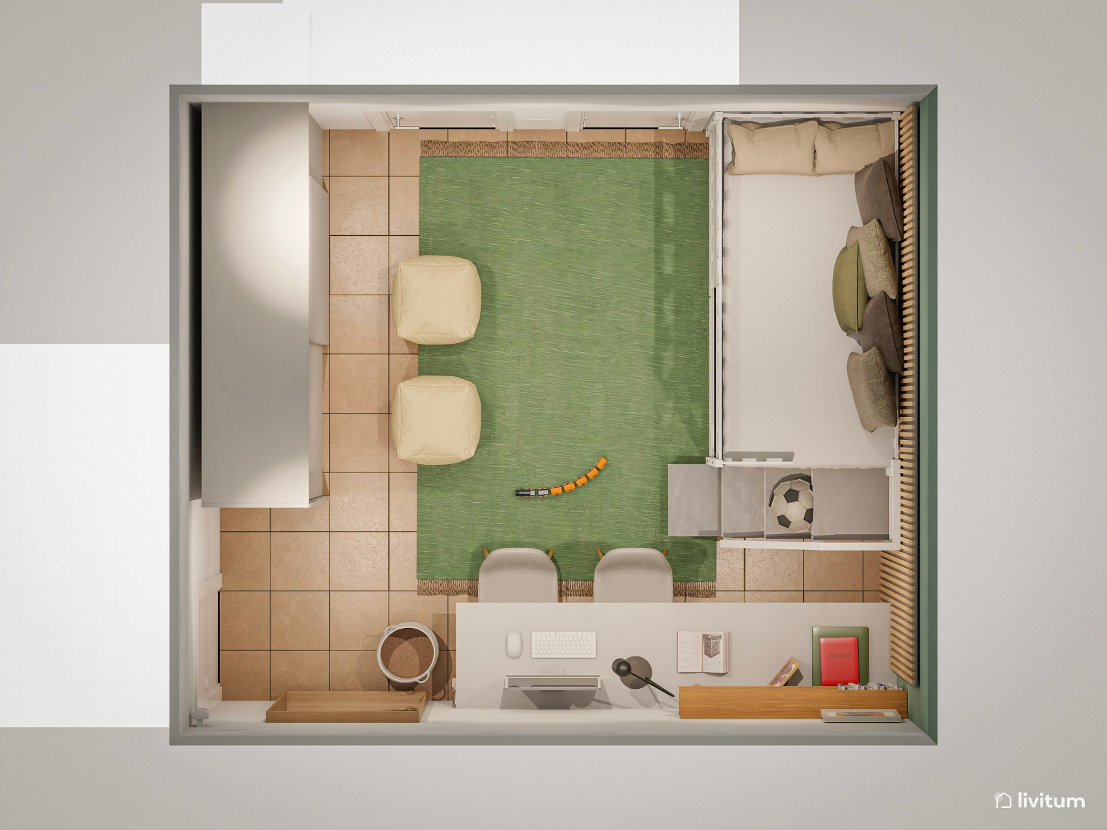 Habitación juvenil con listones de madera, litera y verde oliva