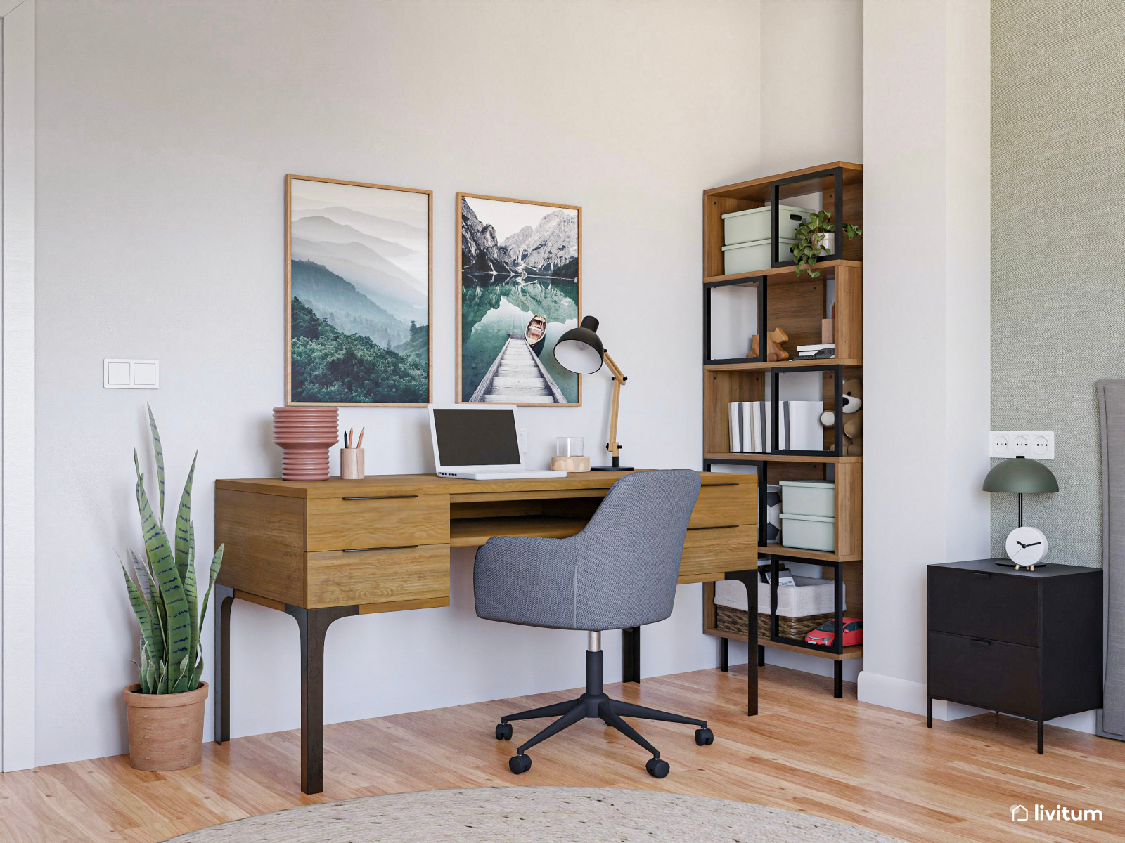 Habitación juvenil moderna, con escritorio, en verde y gris