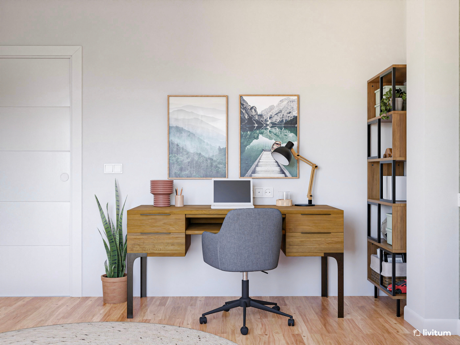 Habitación juvenil moderna, con escritorio, en verde y gris