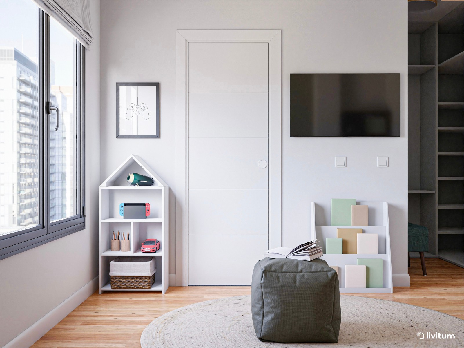 Habitación juvenil moderna, con escritorio, en verde y gris