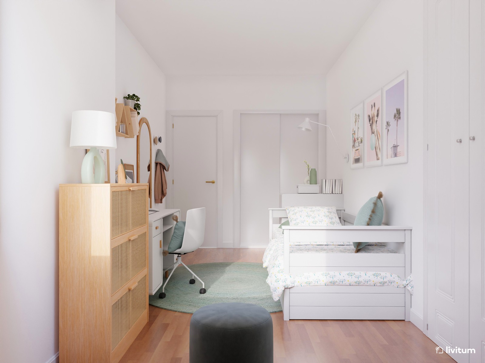 Habitación juvenil moderna en blanco y verde 