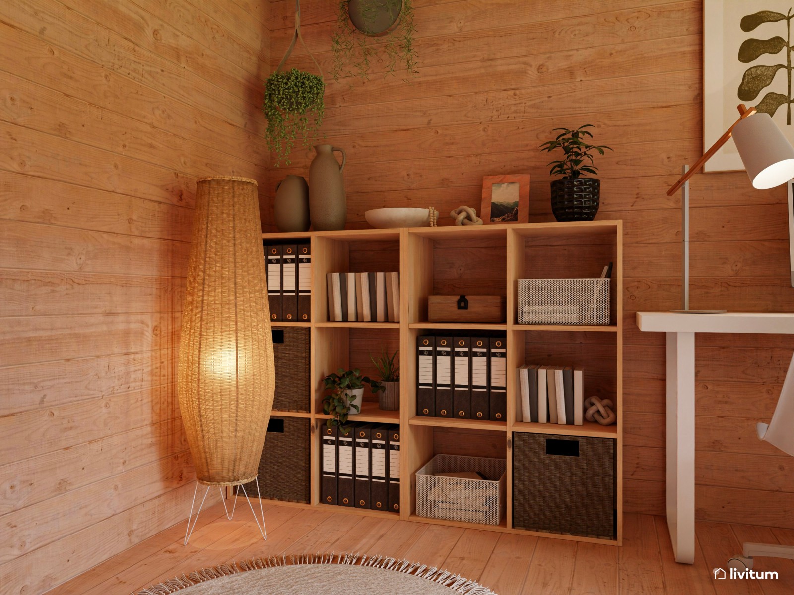 Luminosa casita de madera con zona de trabajo y de descanso