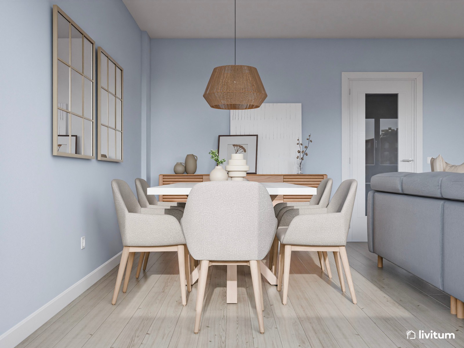 Luminoso salón comedor en madera y paredes celestes 