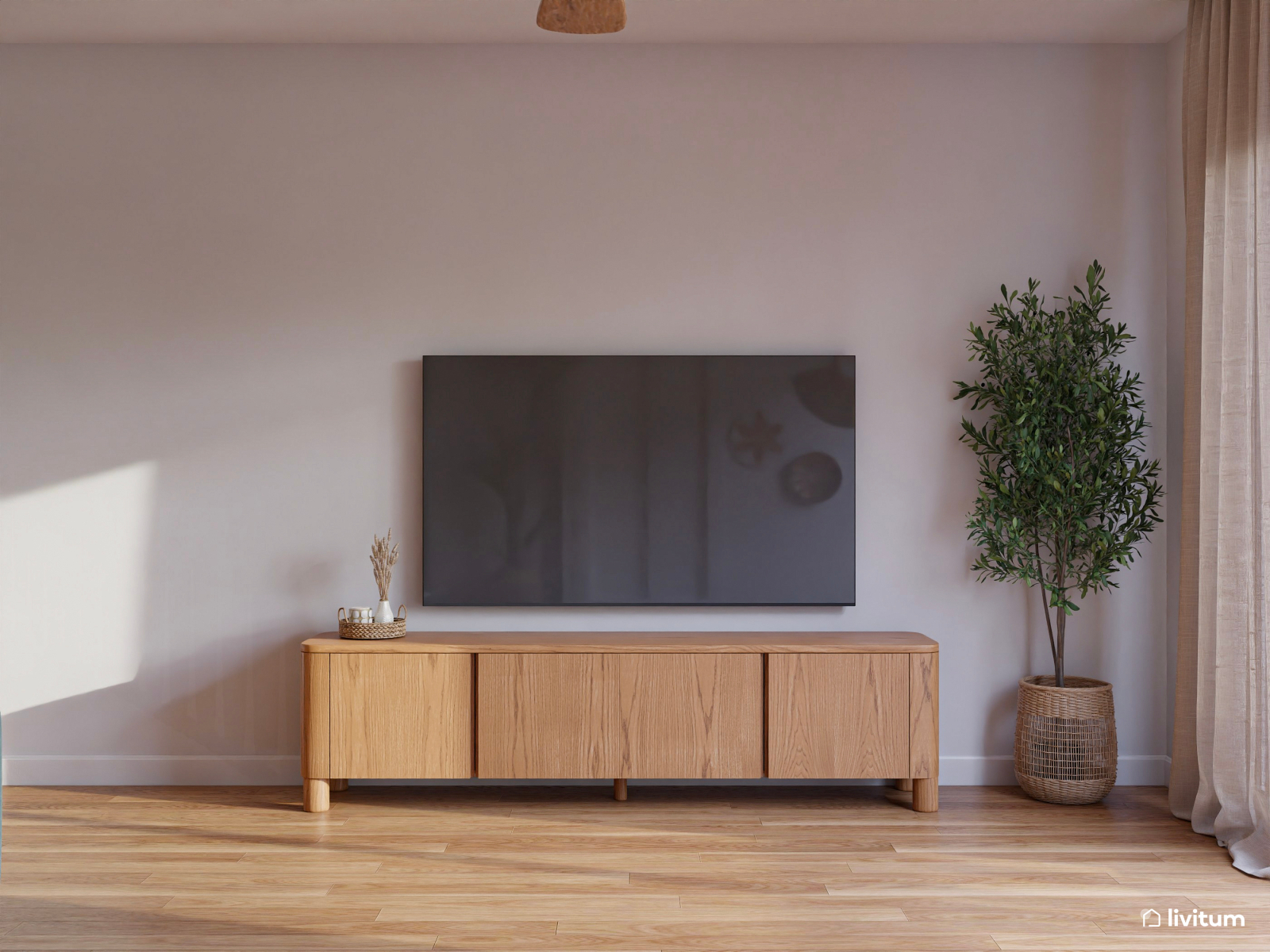 Luminoso salón comedor en madera y toques celestes 